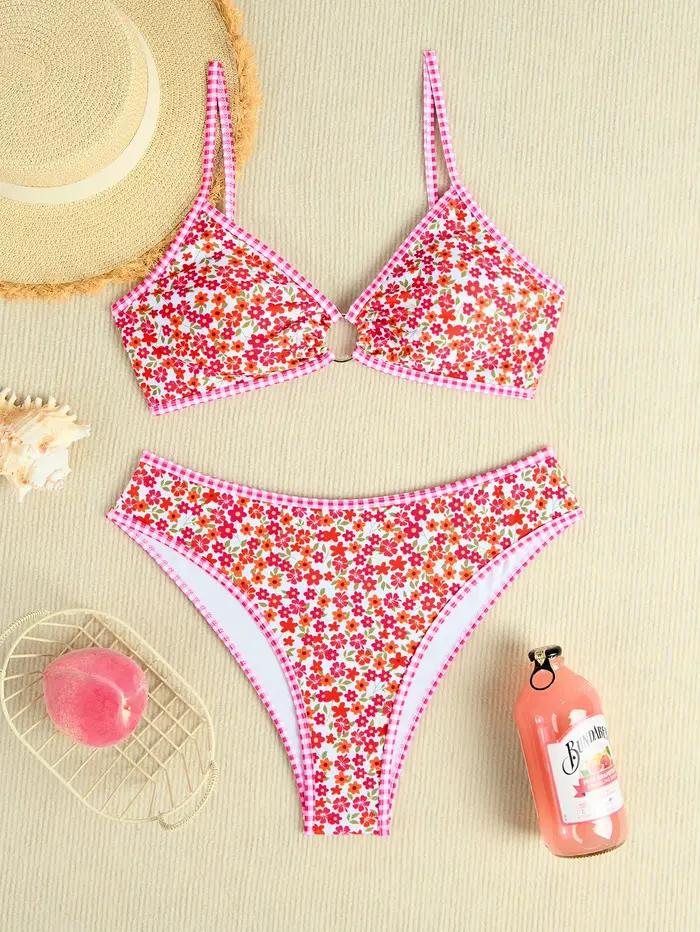 Rose rouge fleur imprimé Bikini ensemble femmes 2025 été nouveau taille haute 2 pièces maillot de bain col en v