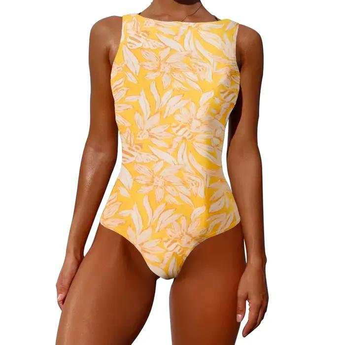 Maillot de bain une pièce forêt pin fleur de cerisier imprimé taille haute contrôle du ventre maillots
