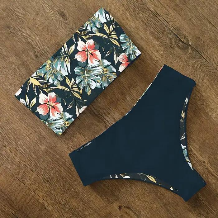 Bikinis réversibles femmes maillot de bain bandeau dos croisé licou maillot de bain imprimé taille haute maillot de bain Femme maillot de bain été