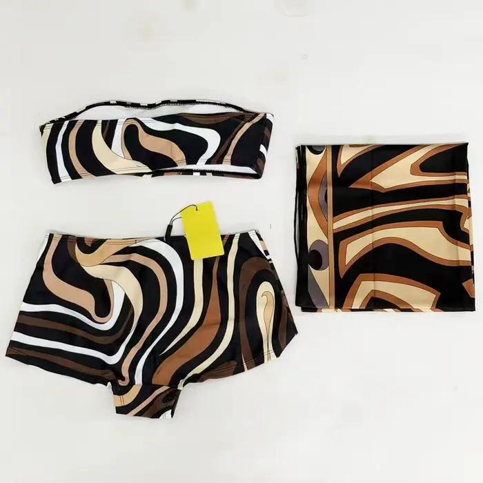 Ensemble de bikini classique pour femmes avec écharpe marron