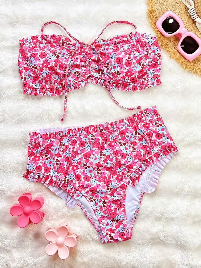 Bikini imprimé fleuri à épaules nues pour femme, ensemble deux pièces, taille haute, plissé, plage, mariage, vacances, piscine, spa, sources chaudes, sports nautiques, quotidien, croisière