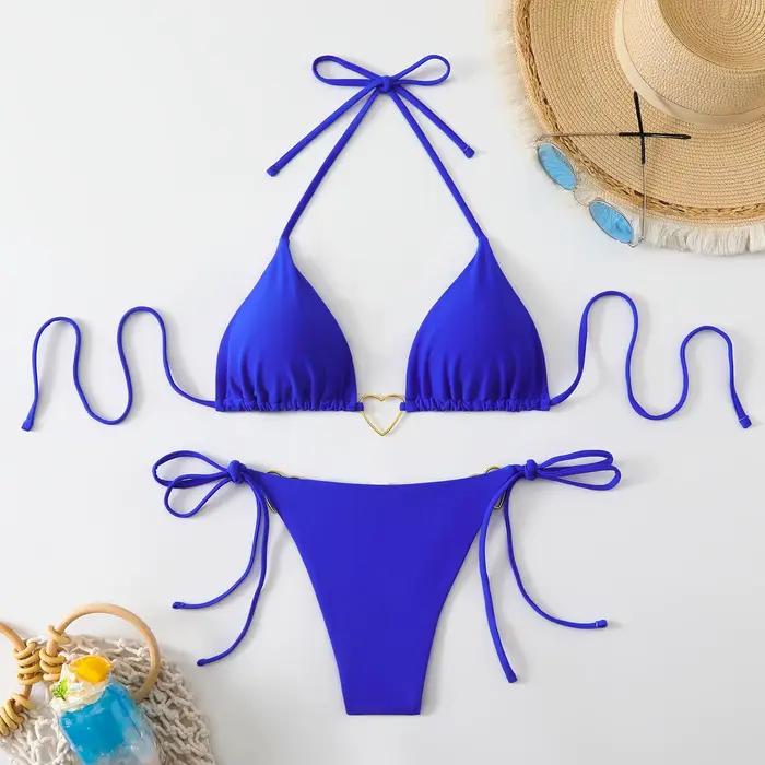 Ensemble de bikini sexy avec ornement en forme de cœur en métal 2026 Femmes Bleu Rose Halter Push Up Bra Thong Maillot