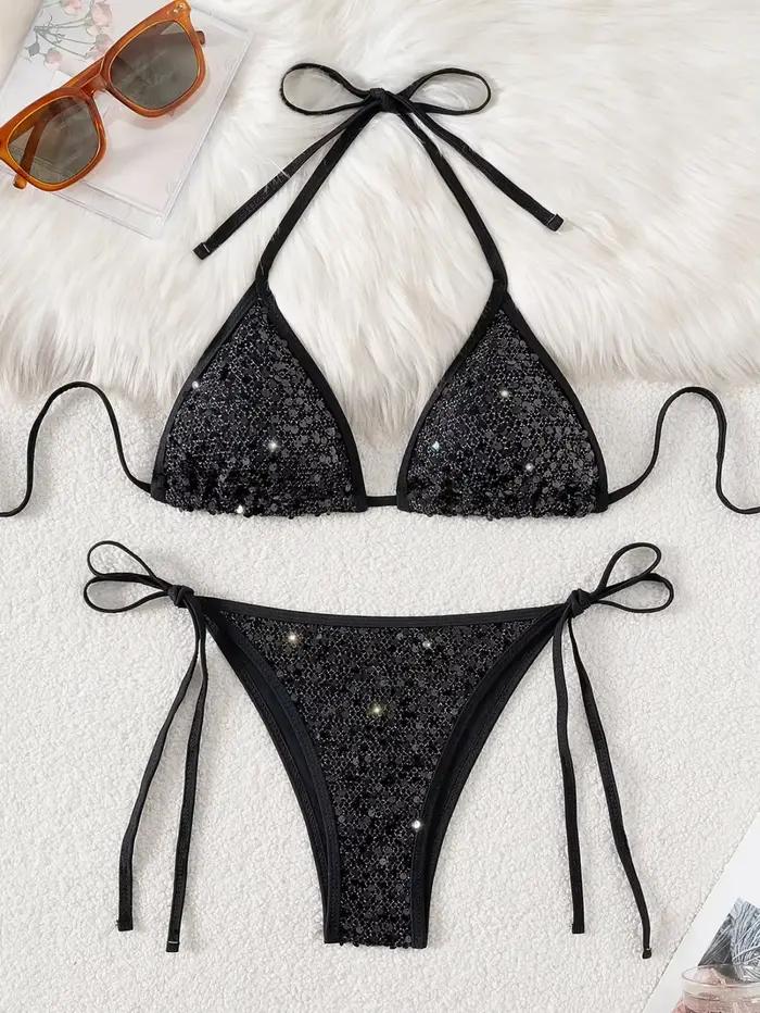 Noir Paillettes Brillantes Bikini Ensemble Femmes Push Up Soutien-gorge Triangle Maillot de Bain Plage Occasions Spéciales