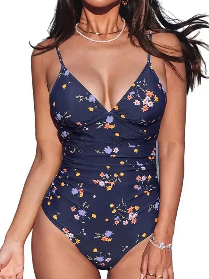 Nouveau maillot de bain une pièce féminin plissé col en V solide pour nager et plage occasions estivales
