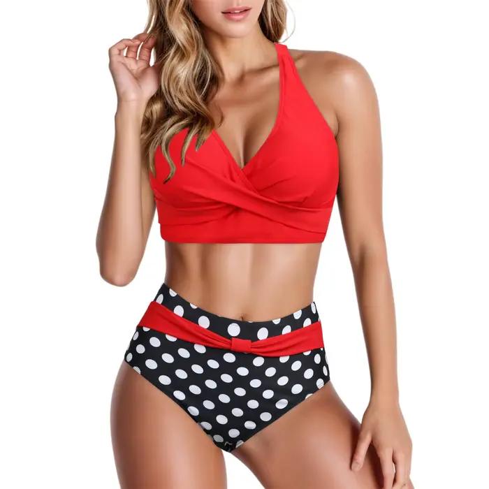 Maillot de bain rouge à pois Lovey Village pour femmes, ensemble deux pièces, plage, vacances, fête à la piscine, soutien-gorge push up, taille haute, polyester élasthanne