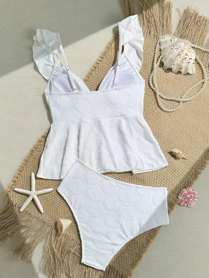 Maillot de bain deux pièces uni à volants pour femme 2026 – Tankini blanc pour la plage
