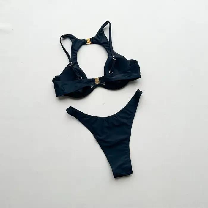 Bikini féminin YIYUEQIANLI trois pièces avec support, élasthanne et polyester, style de plage, col triangulaire, pour femmes junior, plage, mariage, vacances, sports nautiques