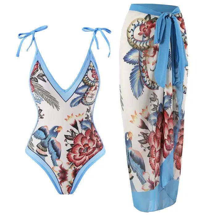 Maillot de bain une pièce avec jupe, sexy, imprimé oiseau et fleur, pour femmes, body, baigné, plage, piscine, 2024