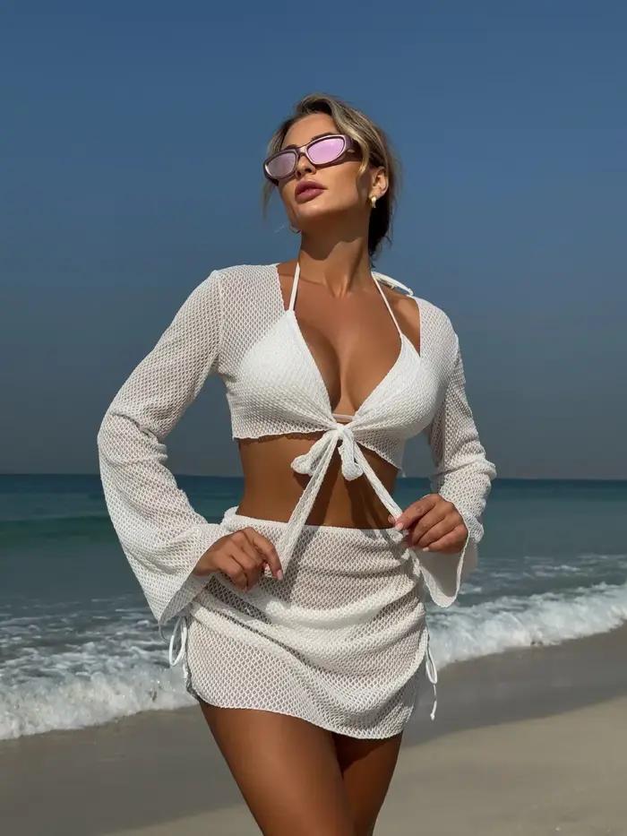 Été 4 pièces Bikini ensemble 2025 femmes Sexy noir à manches longues couvrir et jupe maillot de bain plage
