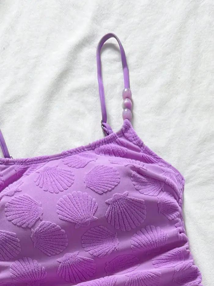 Maillot de bain une pièce sexy violet imprimé coquillage 2026 pour femme avec bretelles perlées et cordon de serrage