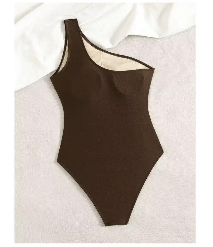 Cikini marron maillot de bain bijoux en métal une épaule Style de vacances une pièce été