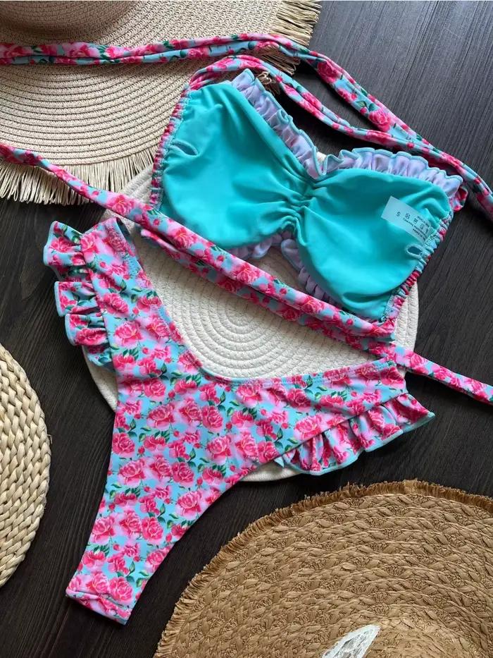 Maillot de bain 2 pièces imprimé fleuri à volants sexy triangle sans bretelles dos nu culotte tanga plage nouveau style été 2024