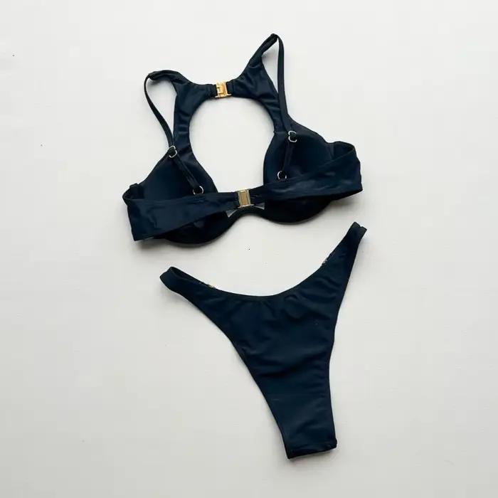 Bikini féminin YIYUEQIANLI trois pièces avec support, élasthanne et polyester, style de plage, col triangulaire, pour femmes junior, plage, mariage, vacances, sports nautiques