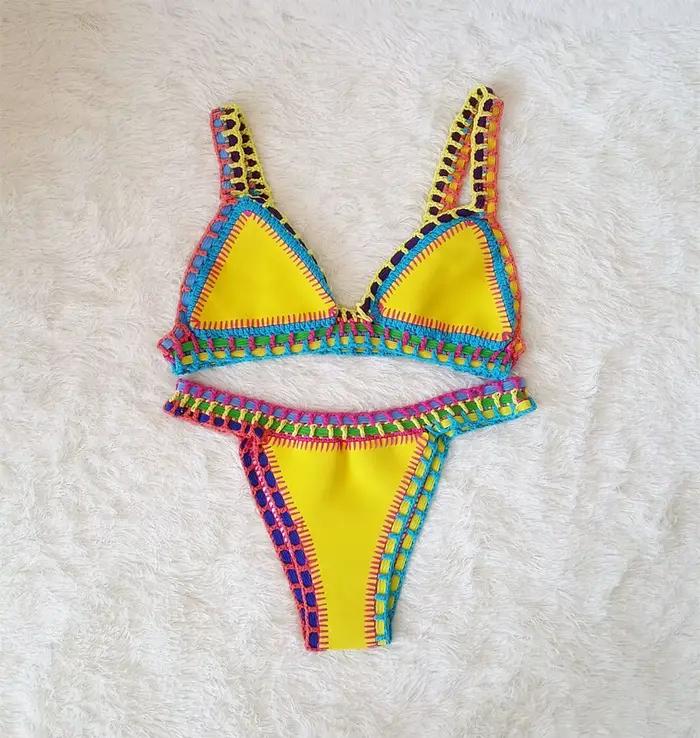 Maillot de bain réversible tricoté à la main pour femme, ensemble deux pièces, sexy, taille basse, pour la plage