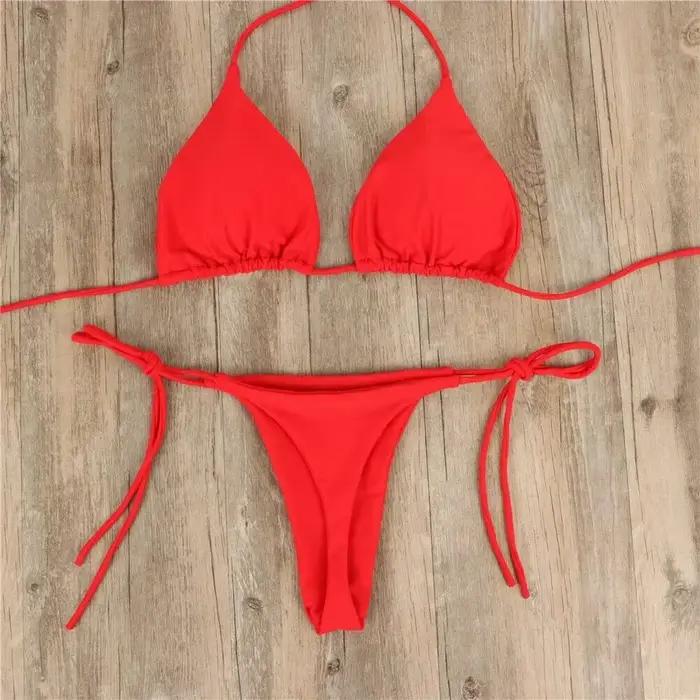 Maillot de bain rose Bikini femmes couleur unie Sexy jambe haute string maillots