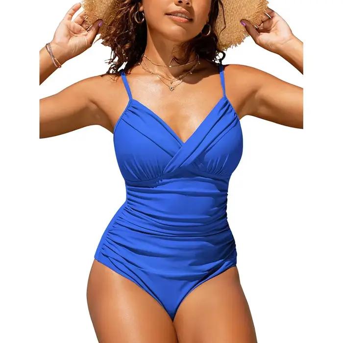 Maillot de bain une pièce sexy couleur unie plissé croisé moulant tendance et monochromatique pour femmes occasions spéciales泳裤部分保持原文不变,仅翻译最后的标题部分: ###TITRE### 热销女士单件泳衣无痕修身性感款式泳池海滩必备泳装