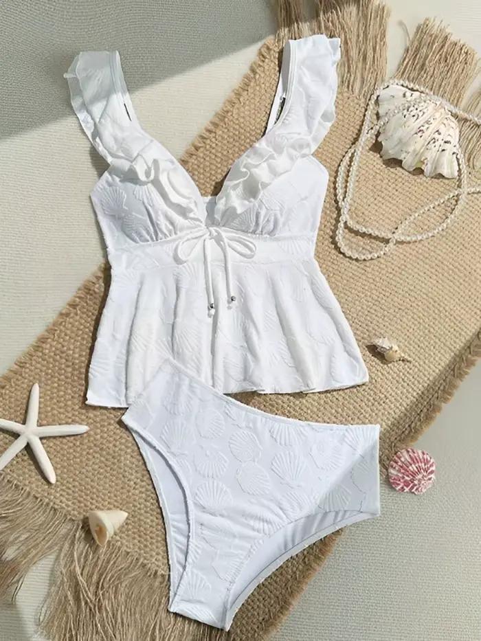 Maillot de bain deux pièces uni à volants pour femme 2026 – Tankini blanc pour la plage