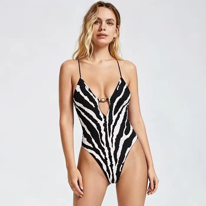 Maillot de bain une pièce à col en V profond pour femme