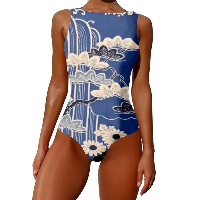 Maillot de bain une pièce forêt pin fleur de cerisier imprimé taille haute contrôle du ventre maillots