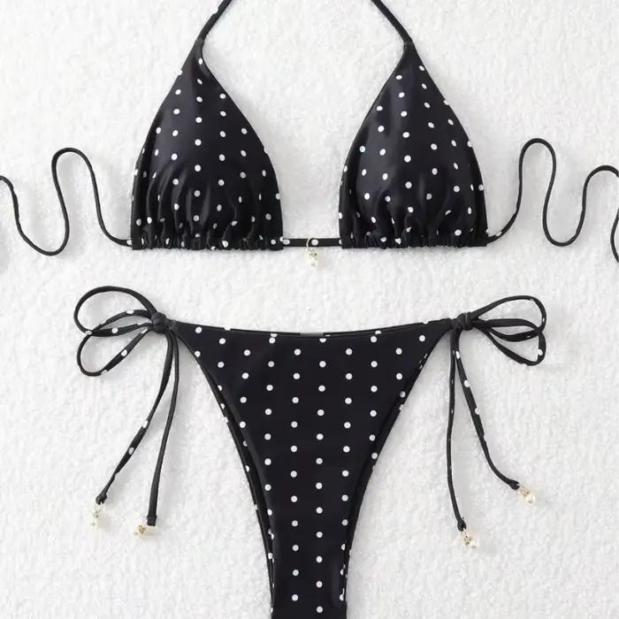 Nouveau Maillot de Bain 2 Pièces à Pois 2026 pour Femme – Ensemble Bikini Sexy Noir et Blanc Style Américain
