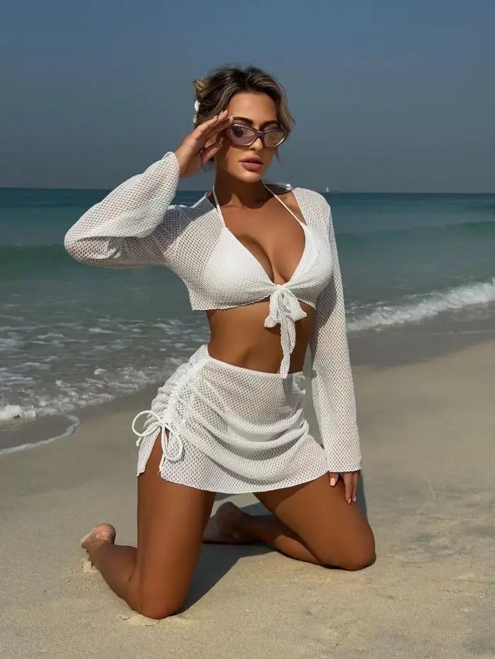 Été 4 pièces Bikini ensemble 2025 femmes Sexy noir à manches longues couvrir et jupe maillot de bain plage