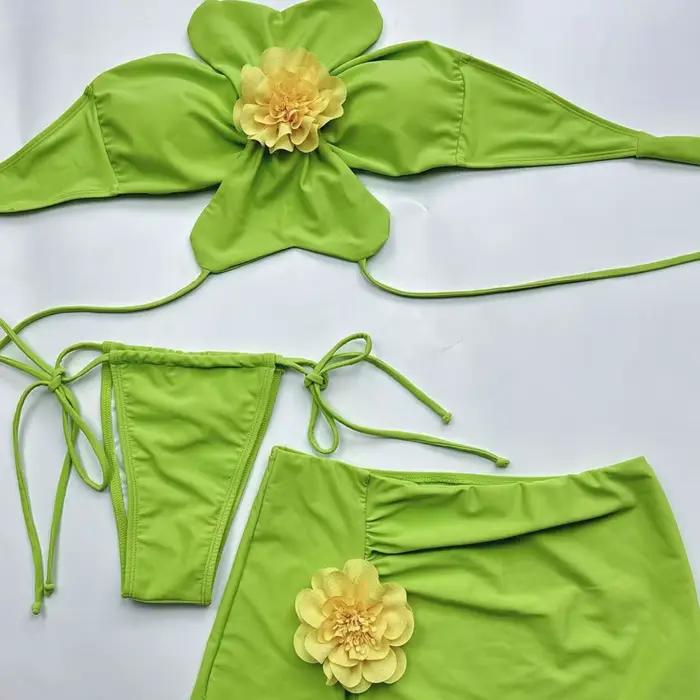Cou Bikini avec jupe 3D fleurs licou Bikini femme maillot de bain femmes maillots de bain 3 pièces Bikini ensemble baigneur maillot de bain bain
