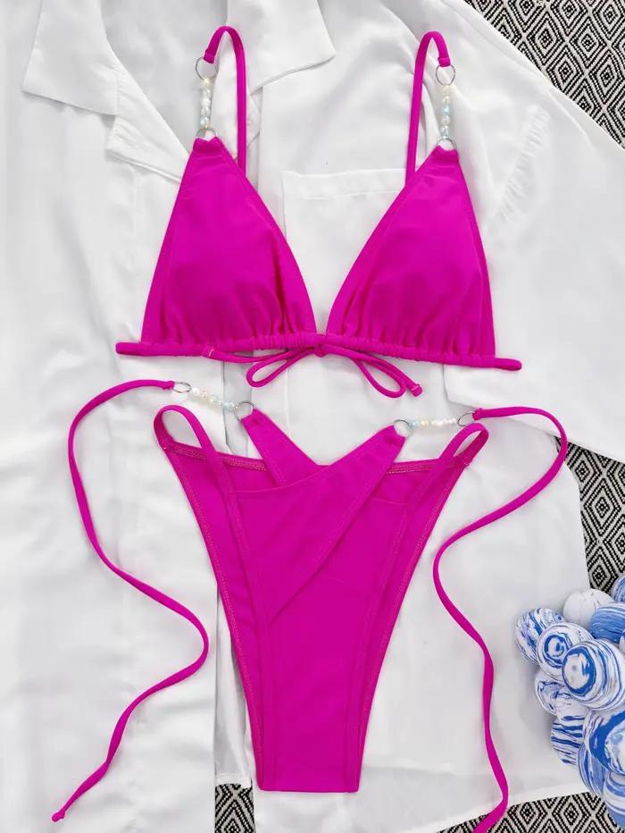Femmes Sexy Bikini fausse perle maillot de bain solide Trikini brésilien Bikinis ensemble féminin maillots
