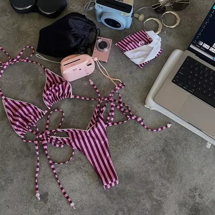 Maillot de bain bikini rayé deux pièces avec paréo, ensemble micro bikini short pour femme