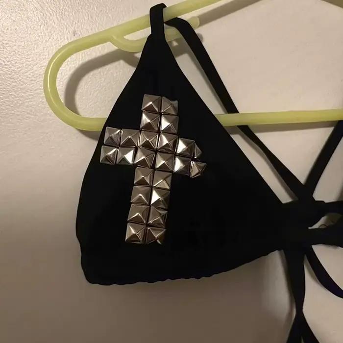 Maillot de bain junior Y2K style punk gothique avec strass pour femmes motif géométrique ensemble de bikinis sans fil polyester élasthanne occasions plage festival soirée