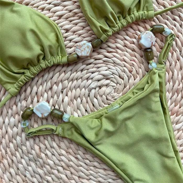 Ensemble de bikini Daxiyee vert uni sexy licou triangle perle string bikini mini micro string maillot de bain femme pour plage vacances et sports nautiques