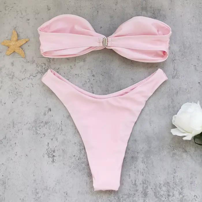 Mode Rose Bow Bikini Femme Maillot de Bain Sexy Taille Basse Epaules Nues Vacances Plage Occasions Spéciales
