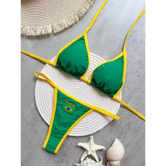 Broderie drapeau du brésil contraste fendu Bikini ensemble femmes maillots de bain Patchwork maillot
