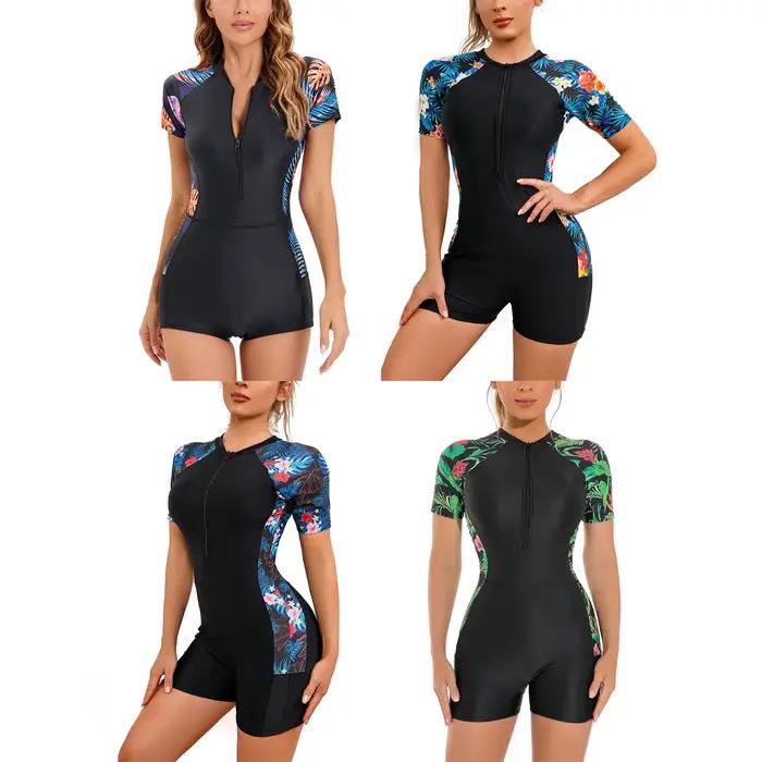 Maillot de bain une pièce pour femmes imprimé floral, manches courtes, fermeture éclair frontale, protection UV, idéal pour le surf, la plongée et les voyages tropicaux