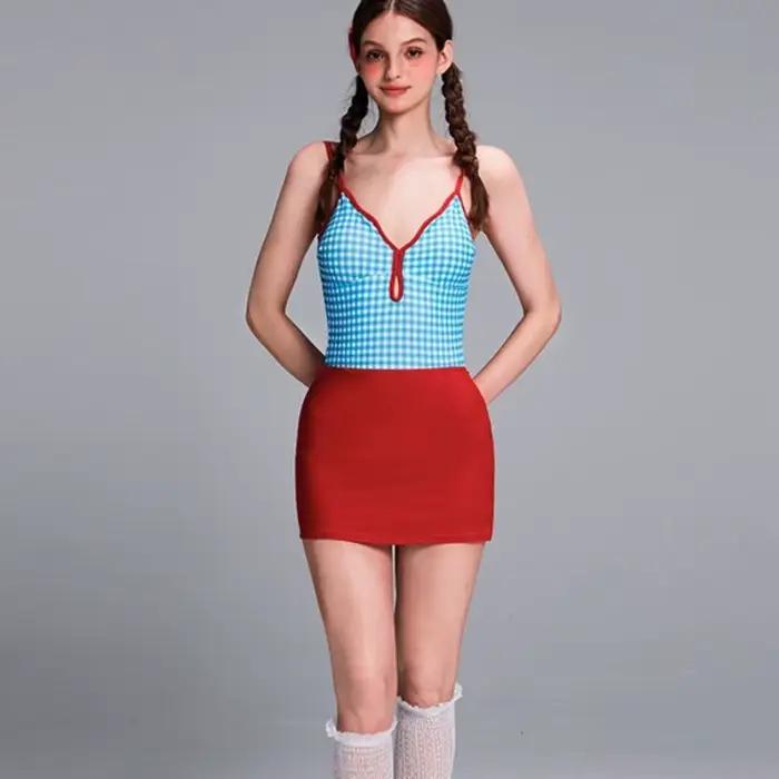 Maillot de bain amincissant à carreaux avec jupe à bords festonnés et dos nu ensemble bikini bleu frais tenue de plage vert armée jeunes femmes style moderne ocassions spéciales