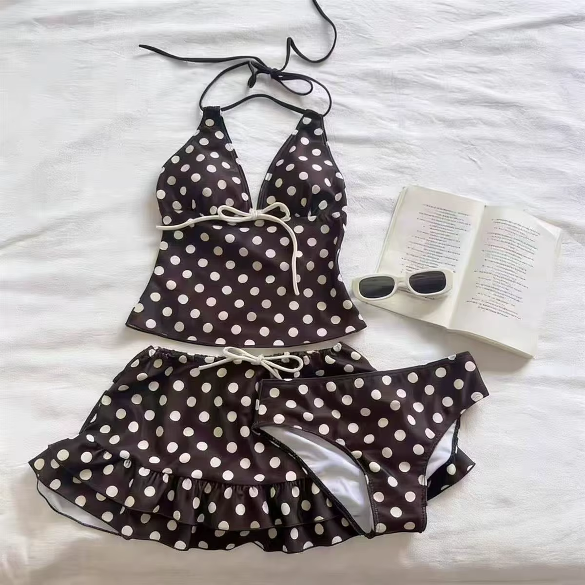 Maillots de bain tankini style plage pour femme, ensemble 2 pièces, haut cache-cœur à col en V et br