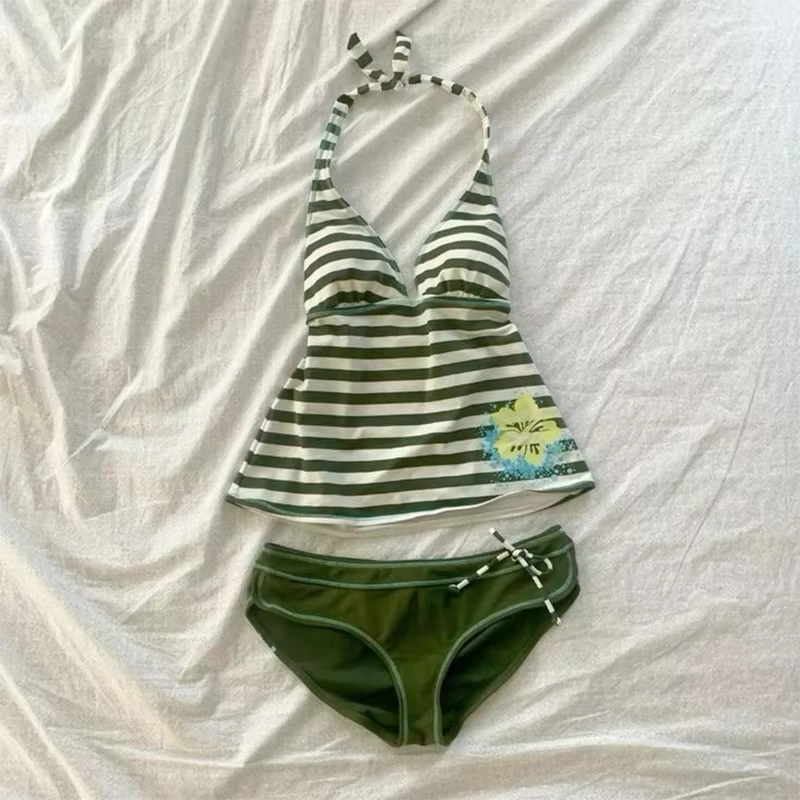 Rayé Tankini maillot de bain femmes col en V camisole haut large bas bikini solide imprimé tropical 