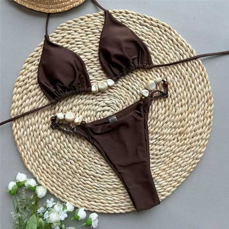 Femmes Bikini ensemble perlé sans manches soutien-gorge avec taille basse slips maillot de bain vaca