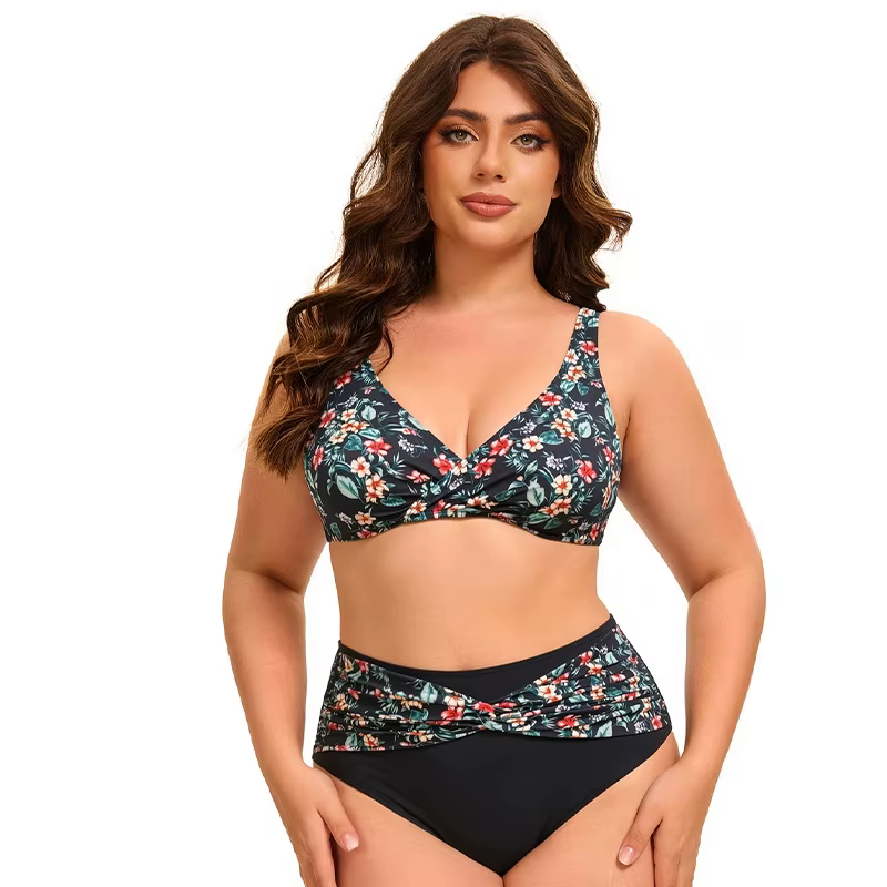 Ensemble bikini 2 pièces taille haute pour femmes grandes tailles, col en V, imprimé floral, maillot