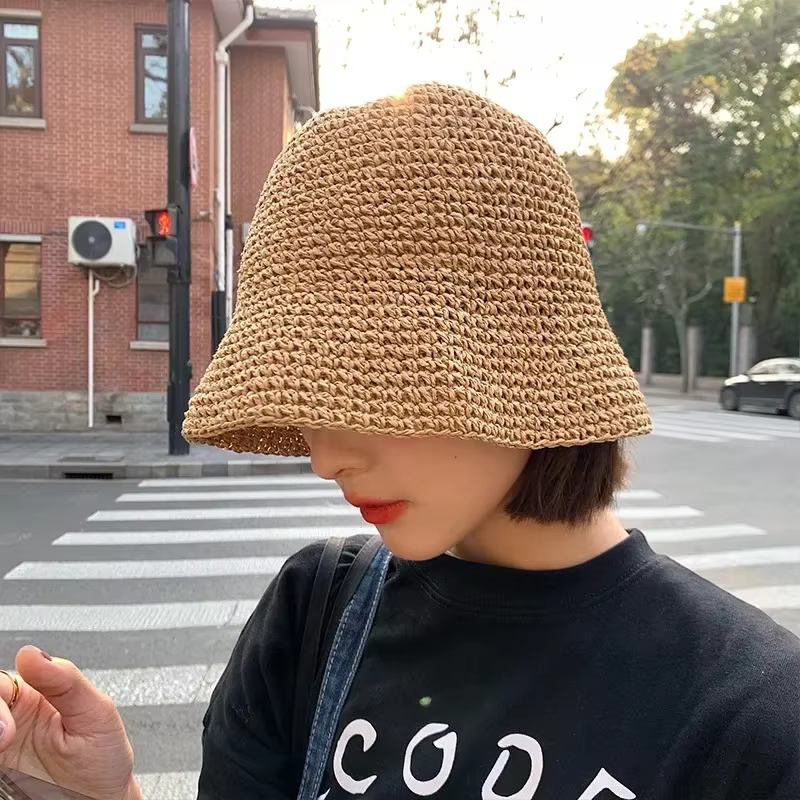 Plage coréenne Chapeau de paille été femmes visière seau Chapeau pêcheur Chapeau tissage à la main P